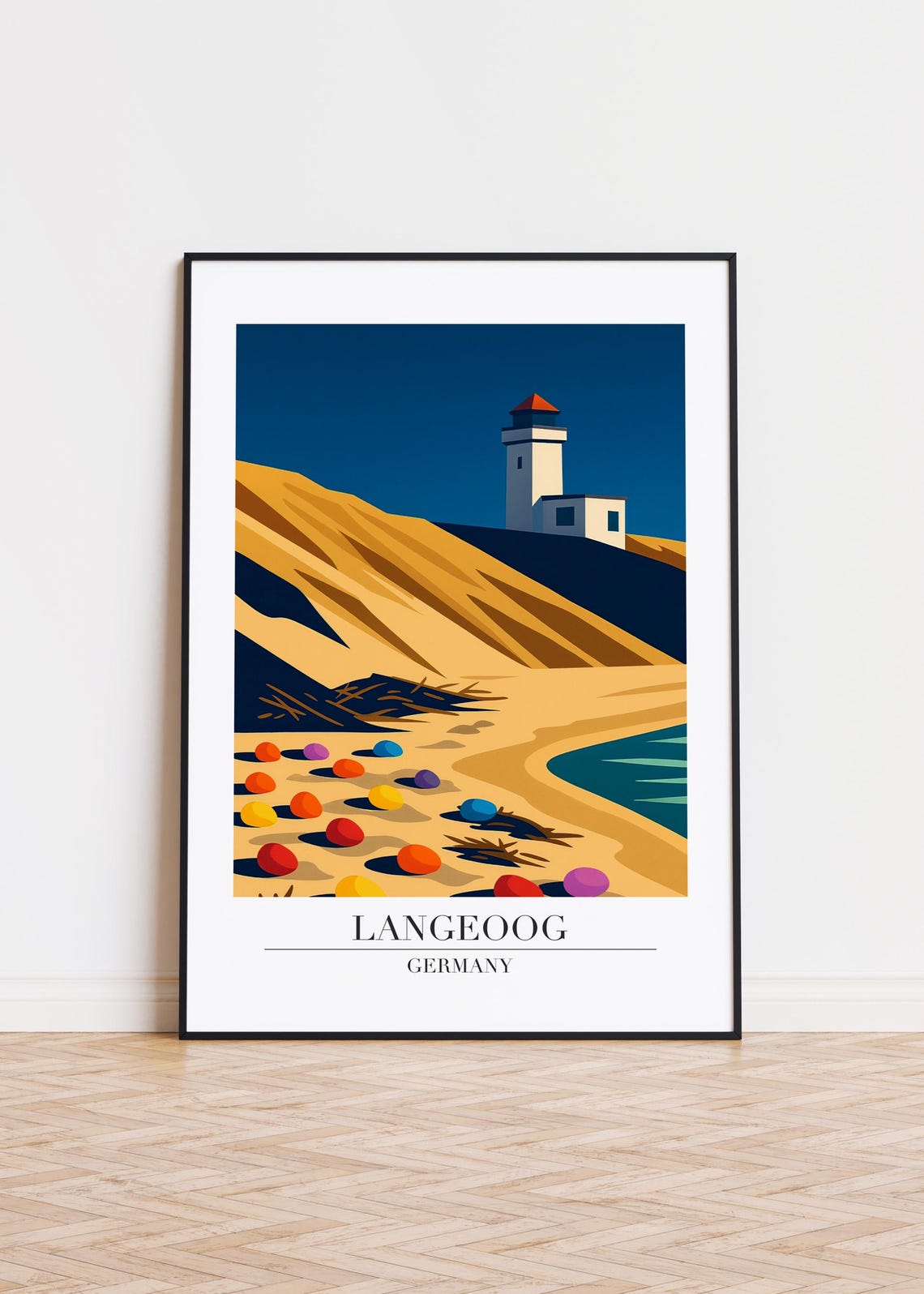 Langeoog Germany Dunes Lighthouse Beach Balls Retro Travel Poster