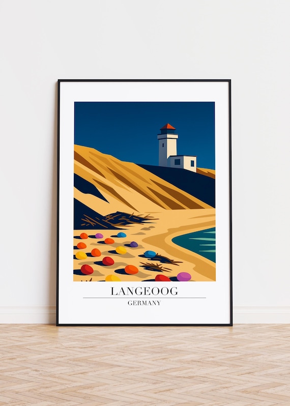 Langeoog Germany Dunes Lighthouse Beach Balls Retro Travel Poster