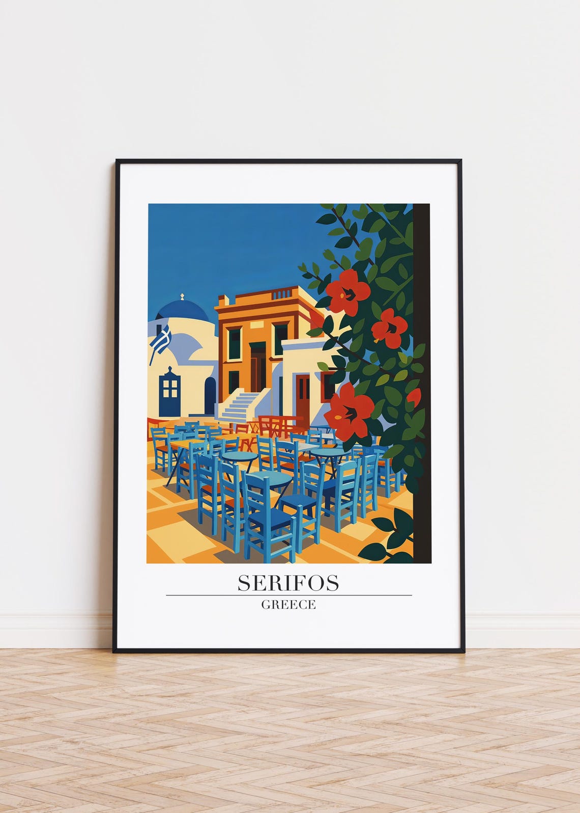 Serifos Greece Village Square Blue Chairs Bougainvillea Travel Poster