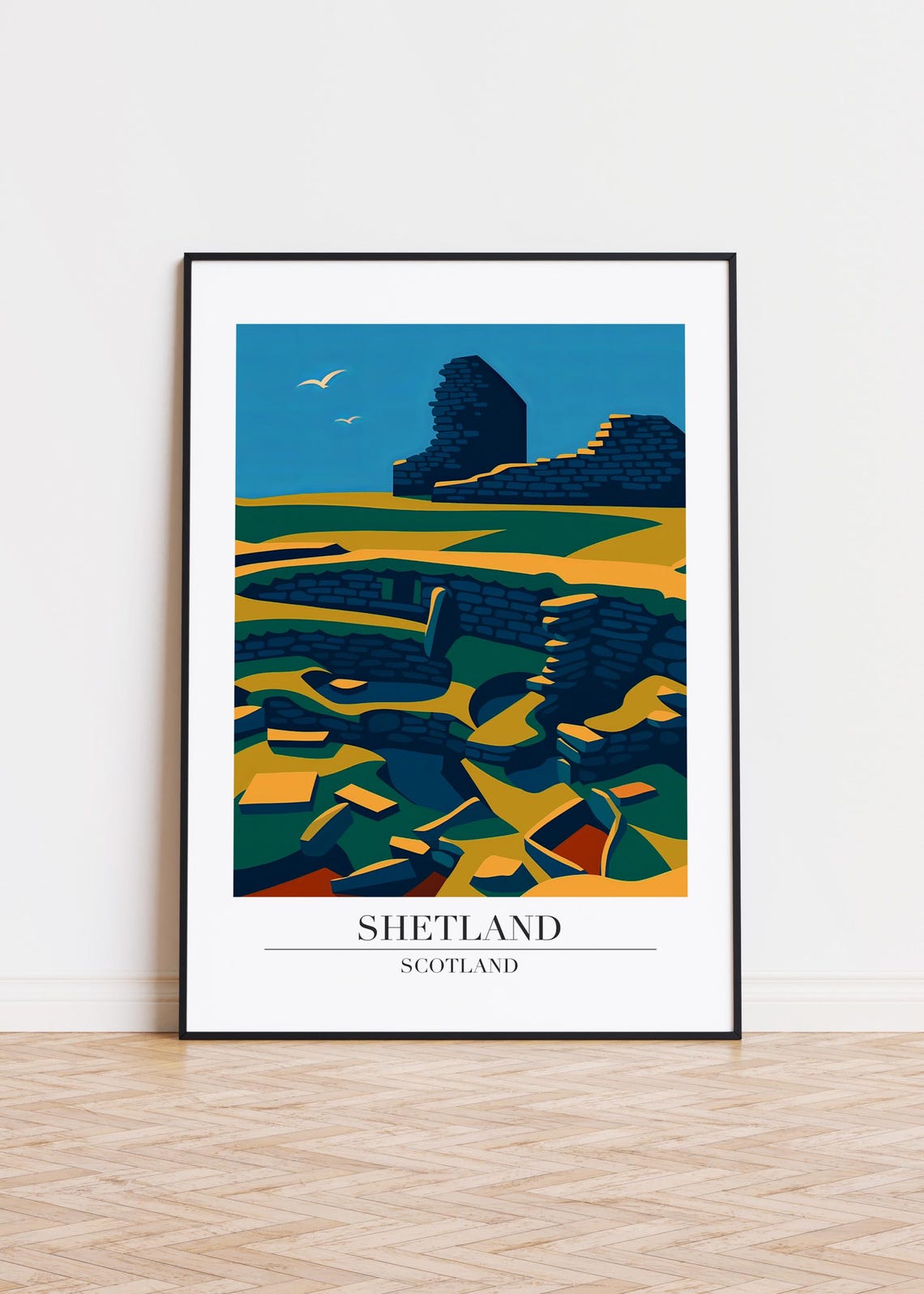 Shetland Scotland Ancient Stone Ruins Bold Modern Travel Poster
