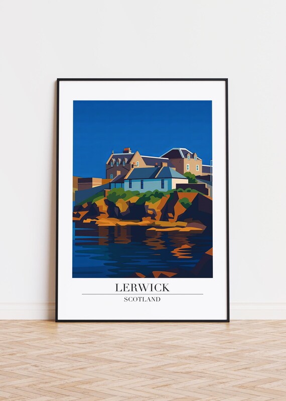 Lerwick Scotland Travel Poster Cliff Houses Coastal Scene Decor