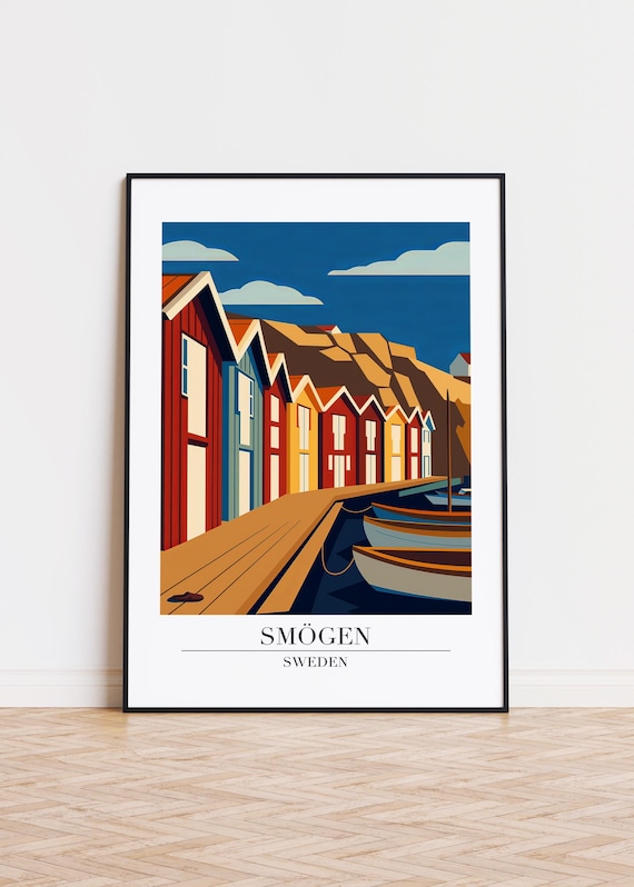 Smögen Sweden Travel Poster Colorful Boathouses Boardwalk Boats Art