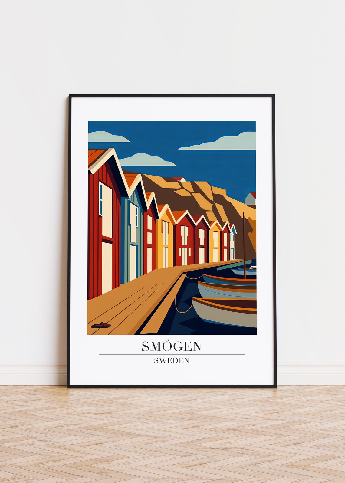 Smögen Sweden Travel Poster Colorful Boathouses Boardwalk Boats Art