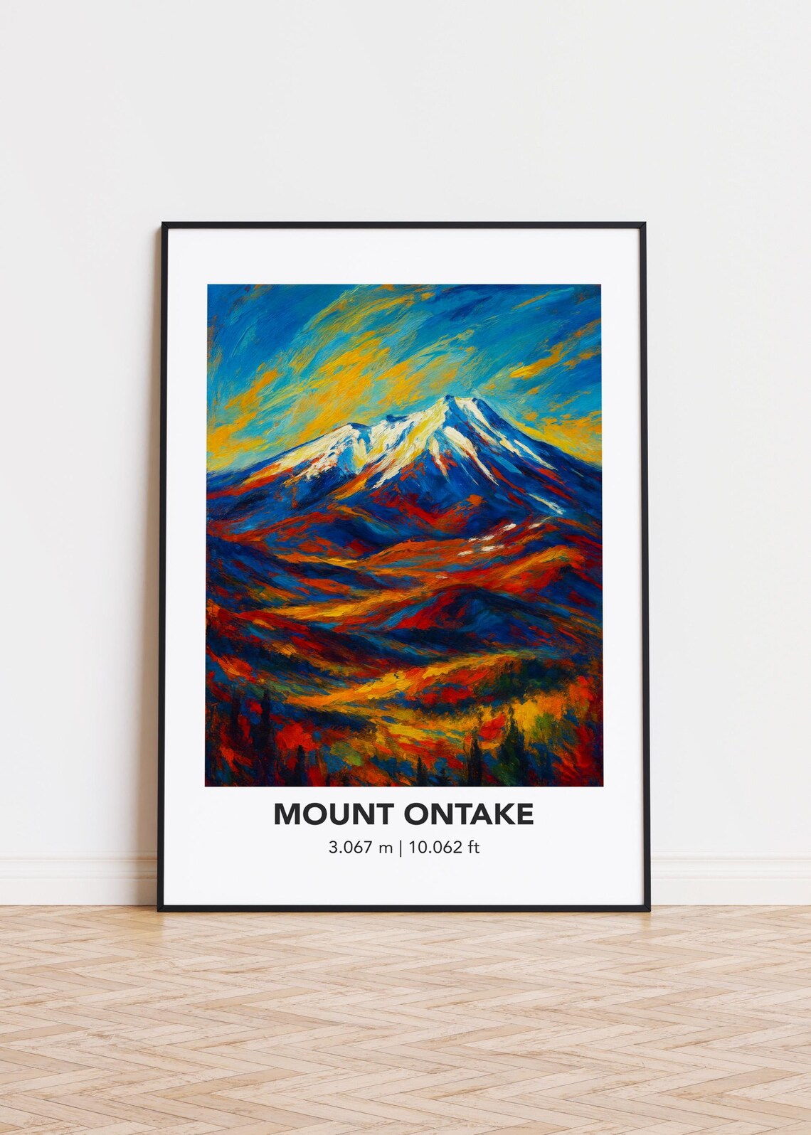 Mount Ontake Vibrant Oil Painting Snowy Volcano Peak Art Poster