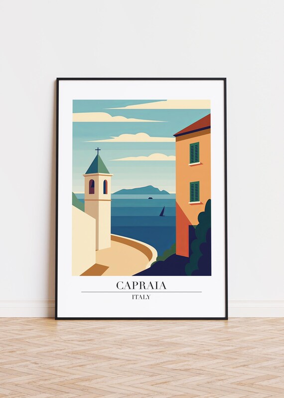 Capraia Italy Bell Tower Sea View Sailboat Mediterranean Travel Poster