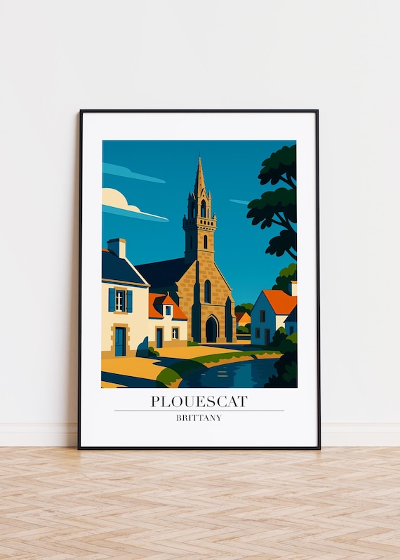 Plouescat Brittany France Stone Church Village Retro Travel Poster