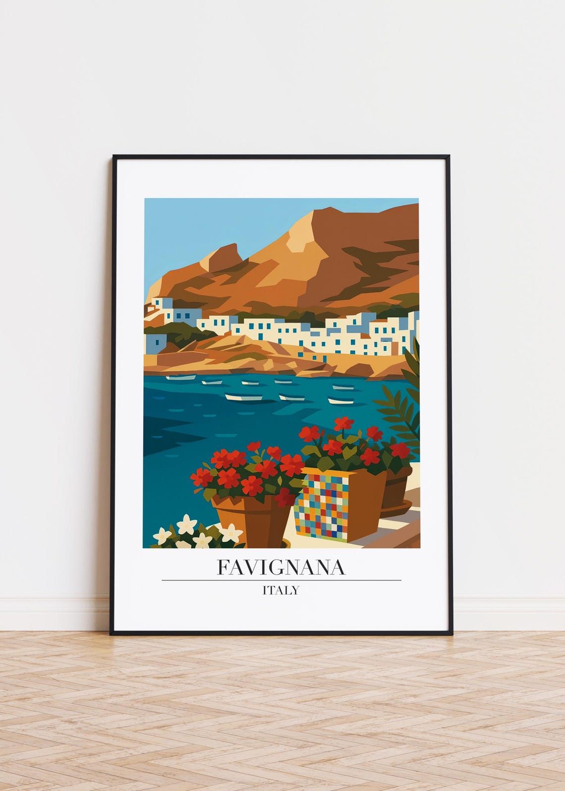 Favignana Italy Harbor Terrace Blooming Flowers Travel Poster