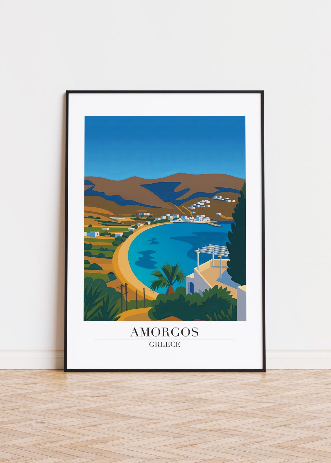 Amorgos Greece Curved Bay Golden Beach Hillside Village Poster