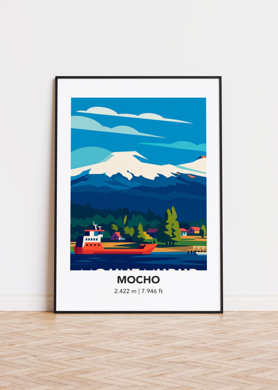 Mocho Minimalist Snowy Volcano Lake and Red Ferry Travel Poster