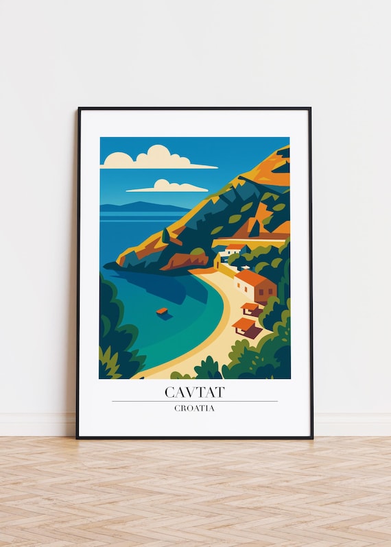 Cavtat Croatia Hidden Cove Beach Turquoise Water Rocky Cliffs Travel Poster