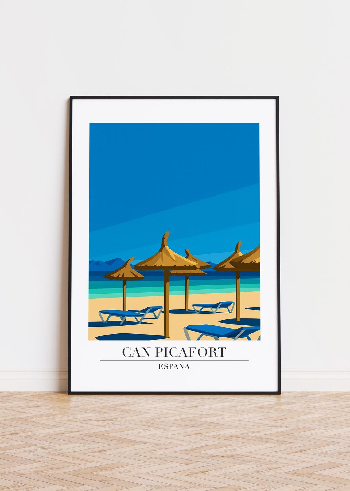 Can Picafort Spain Thatched Umbrellas Blue Loungers Travel Poster