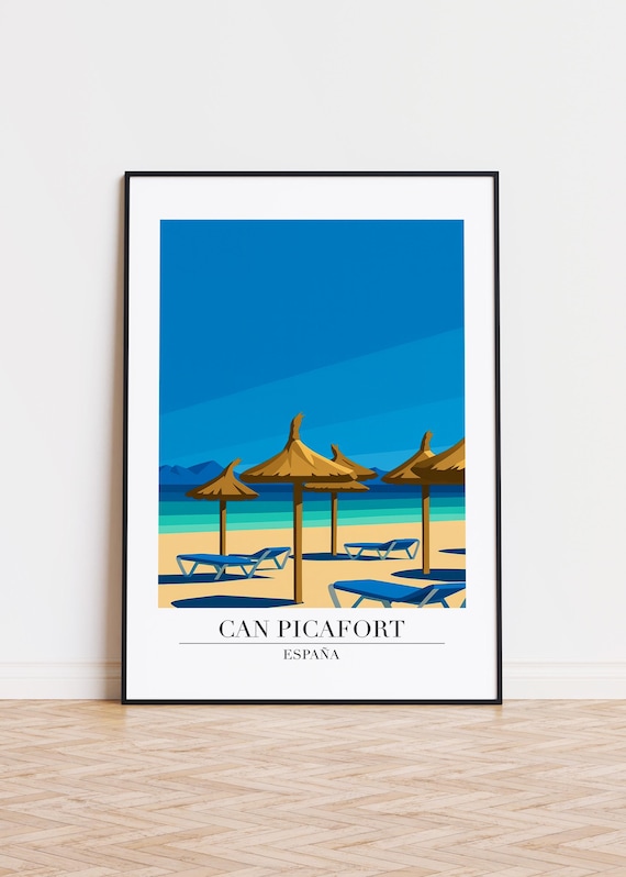 Can Picafort Spain Thatched Umbrellas Blue Loungers Travel Poster