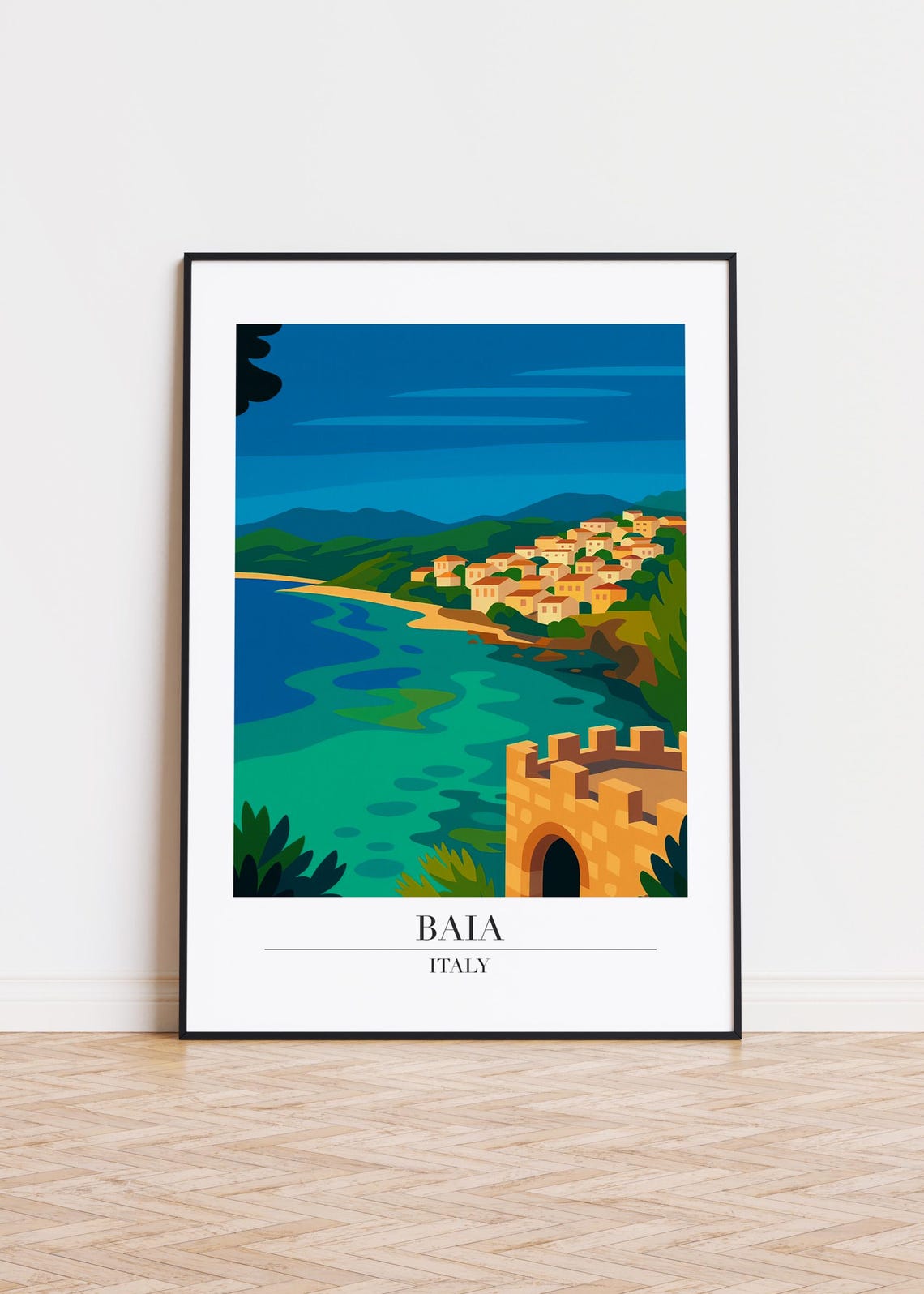 Baia Italy Castle Tower and Turquoise Bay Coast Travel Poster