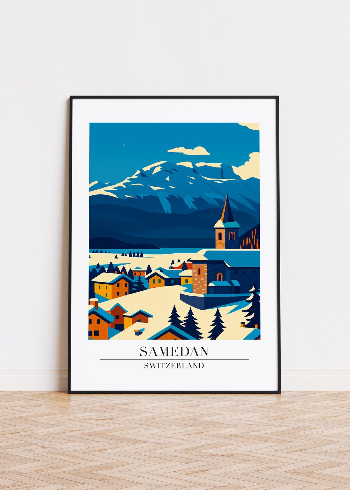 Samedan Switzerland Snowy Alpine Village Winter Church Travel Poster