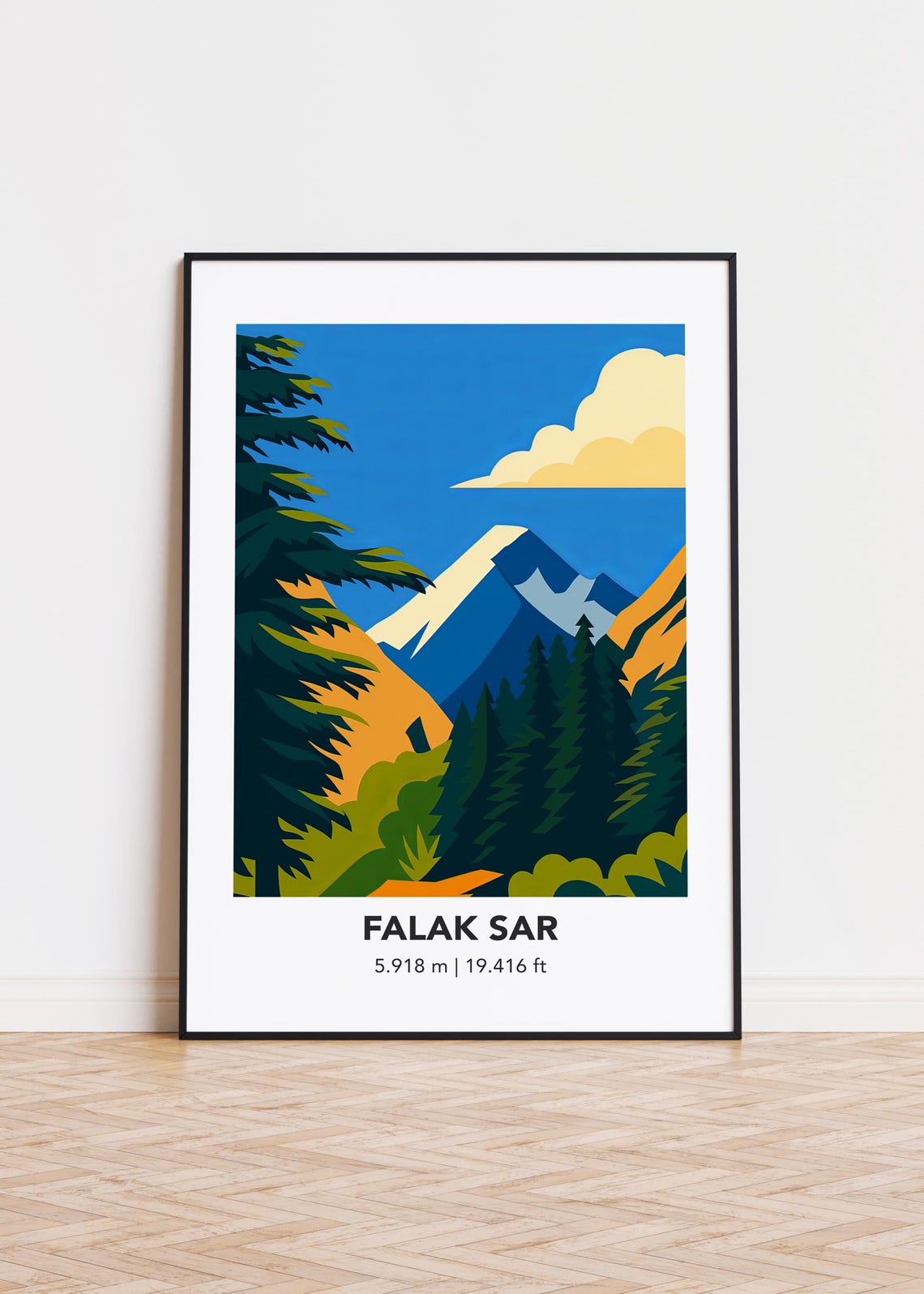 Falak Sar Snowy Summit Framed By Dark Evergreen Forest Poster