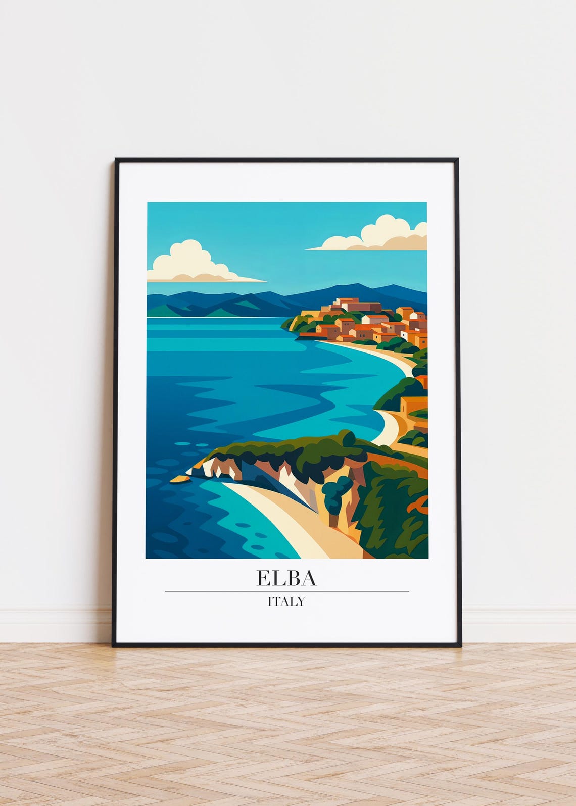 Elba Italy Turquoise Coast Sandy Beaches Rocky Cliffs Travel Poster