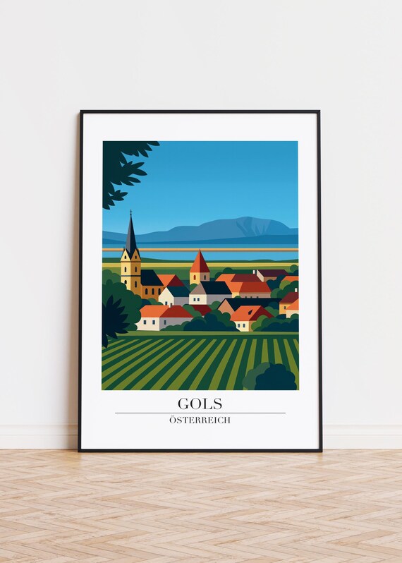 Gols Austria Village Vineyard Lake View Modern Illustration Print