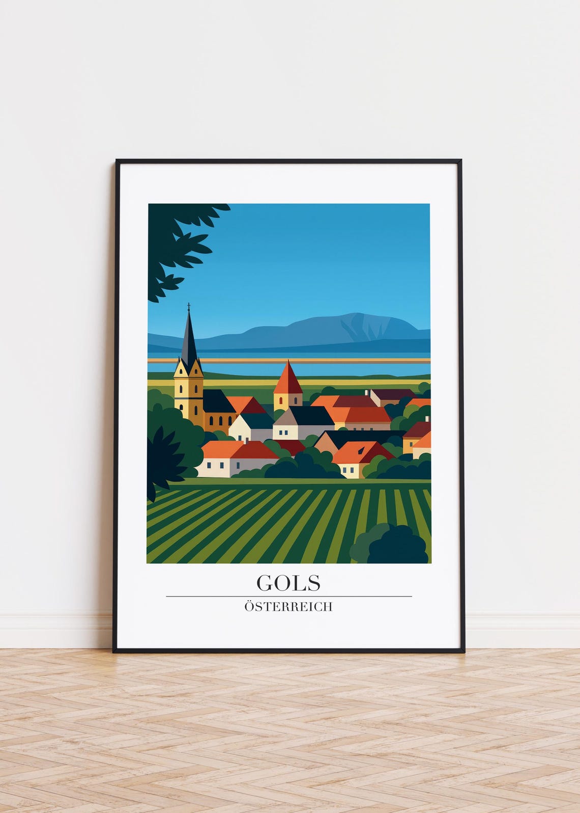 Gols Austria Village Vineyard Lake View Modern Illustration Print