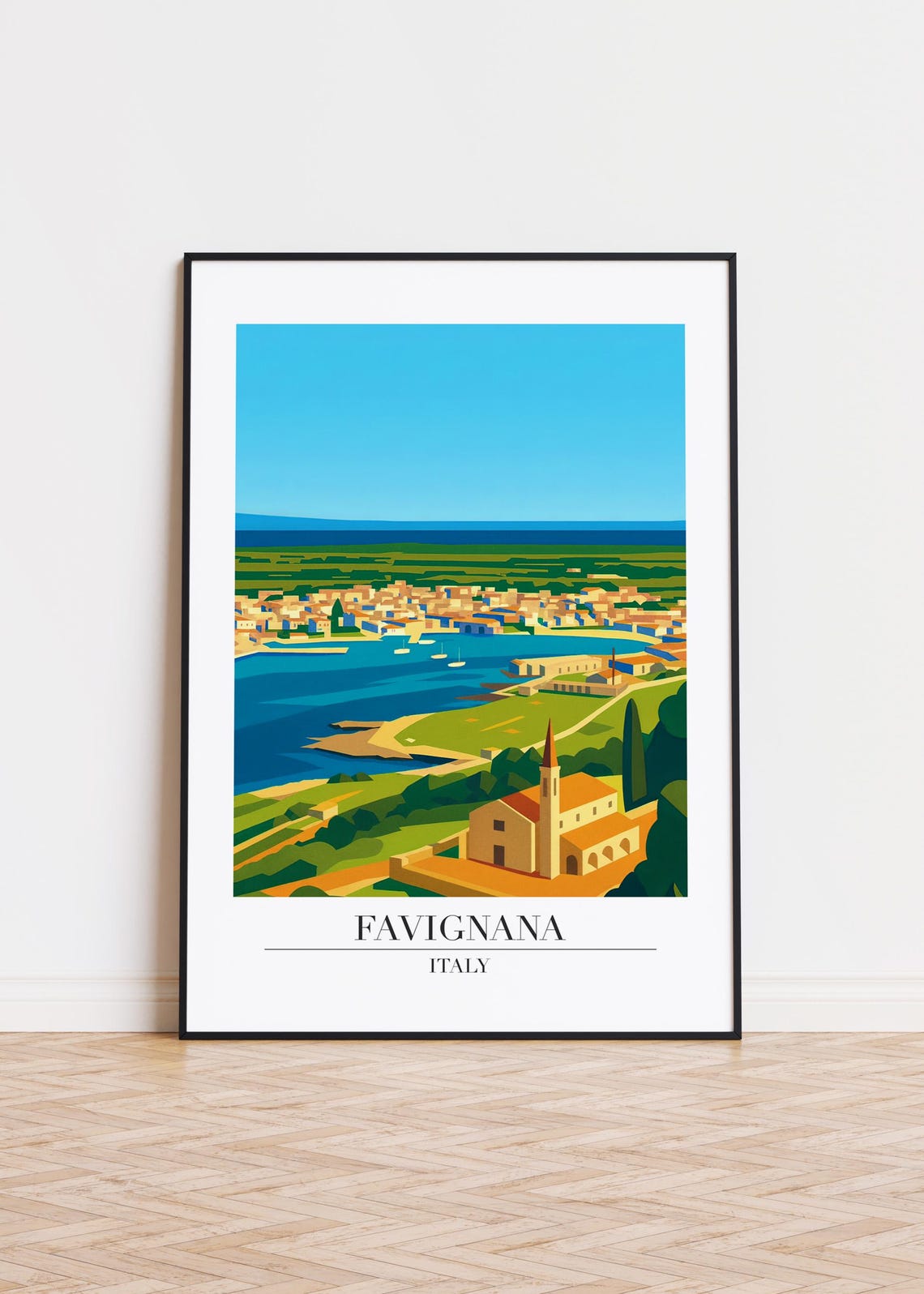Favignana Italy Panoramic Town Bay Church View Travel Poster