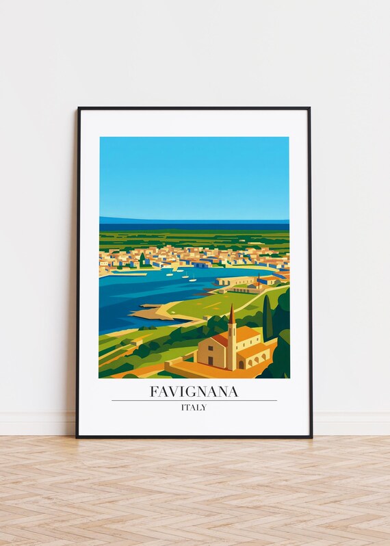 Favignana Italy Panoramic Town Bay Church View Travel Poster
