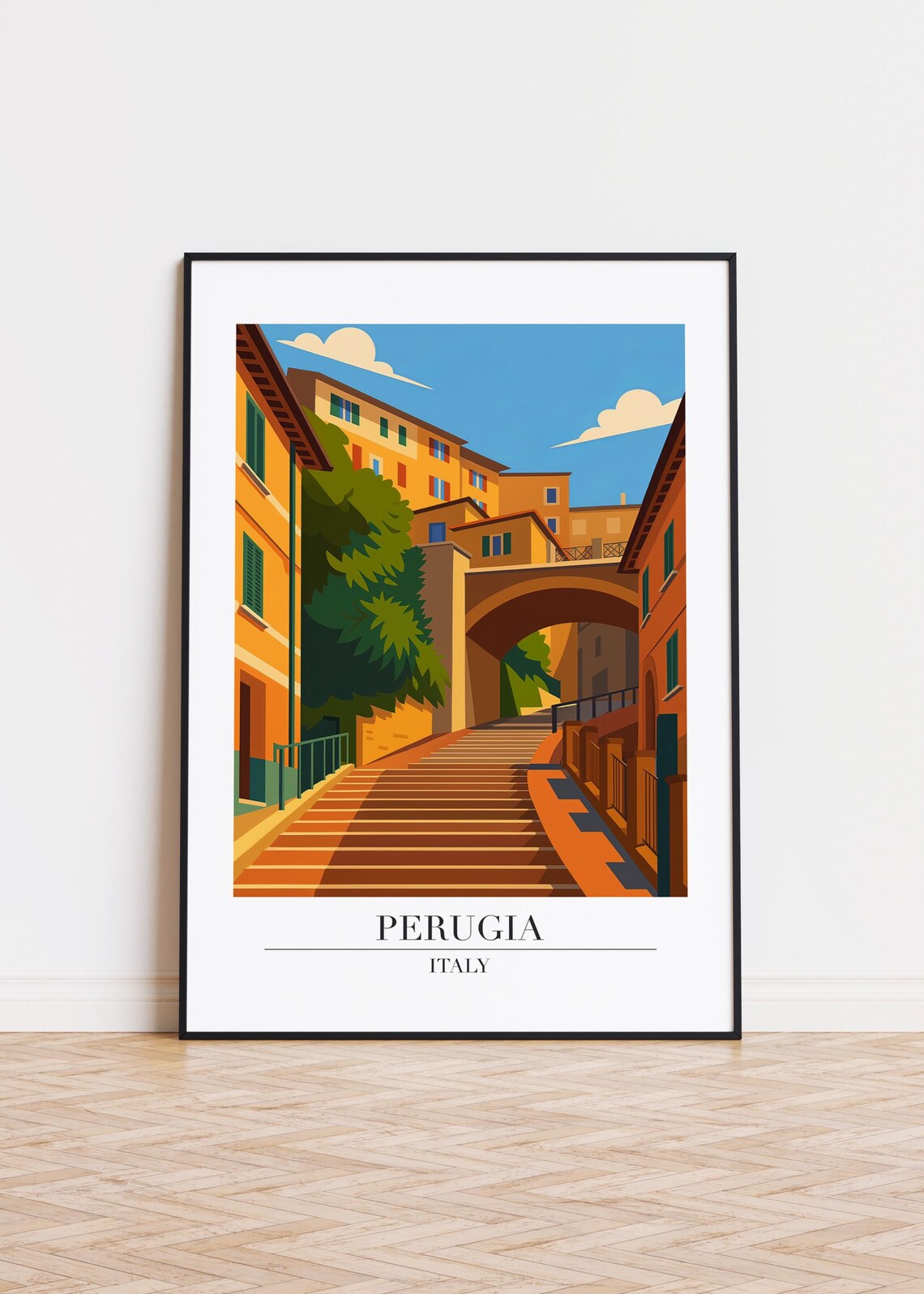 Perugia Italy Historic Street Stairs Modern Travel Illustration Poster