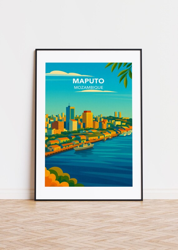 Maputo Mozambique Harbor Boats Skyline Retro Travel Poster Art