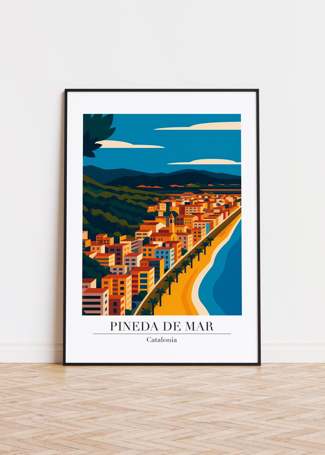 Pineda de Mar Catalonia Aerial Beach Town Palm Illustration Poster