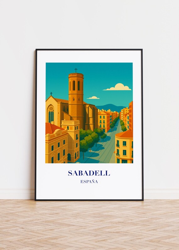 Sabadell España Historic Old Town Church Retro Travel Poster