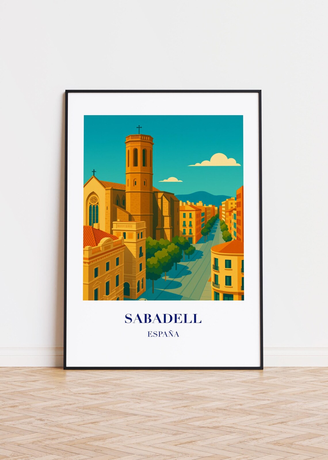 Sabadell España Historic Old Town Church Retro Travel Poster