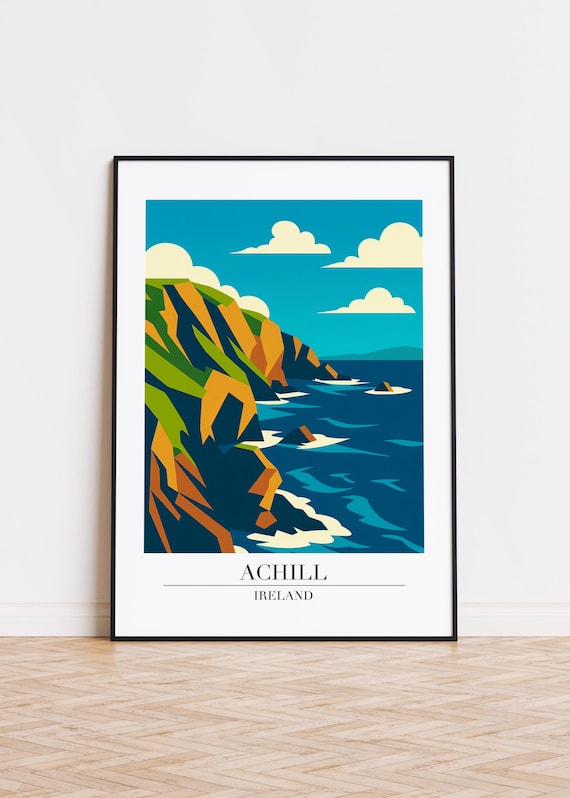 Achill Ireland Rugged Coastal Cliffs Travel Poster Blue Ocean Art