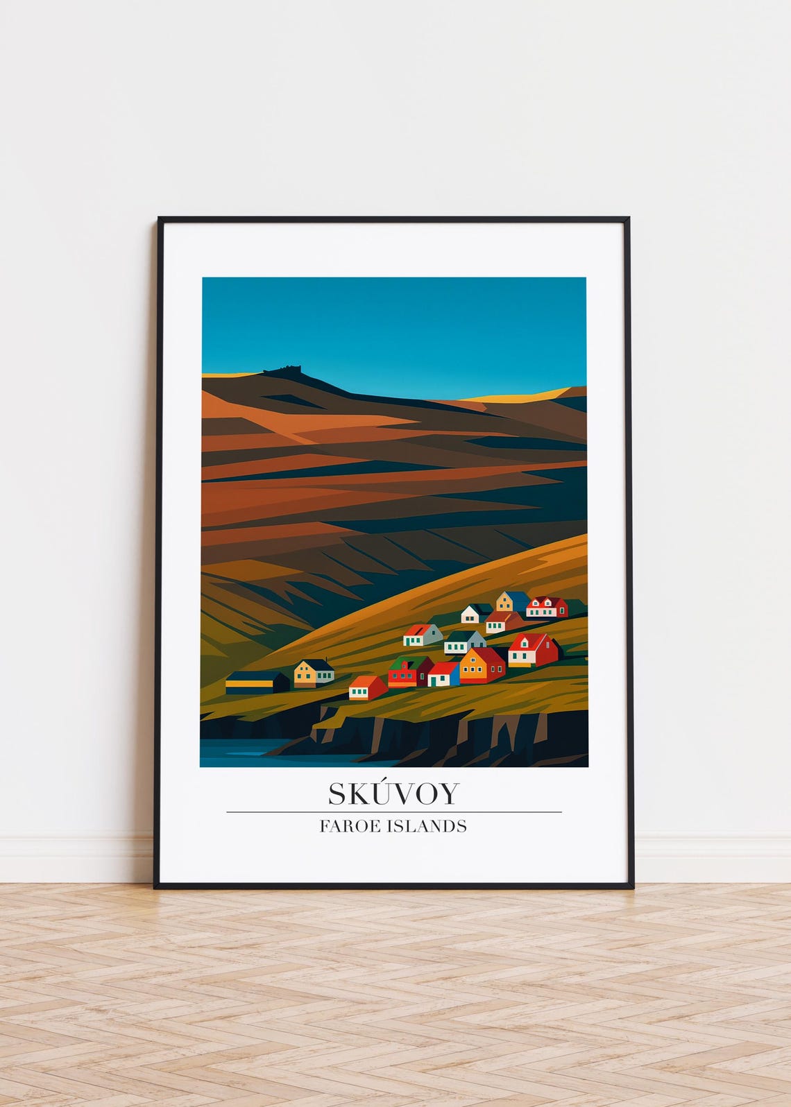Skúvoy Faroe Islands Cliff Village Sunset Modern Travel Poster