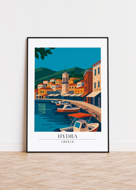 Hydra Greece Boats Clock Tower Waterfront Harbor Travel Poster