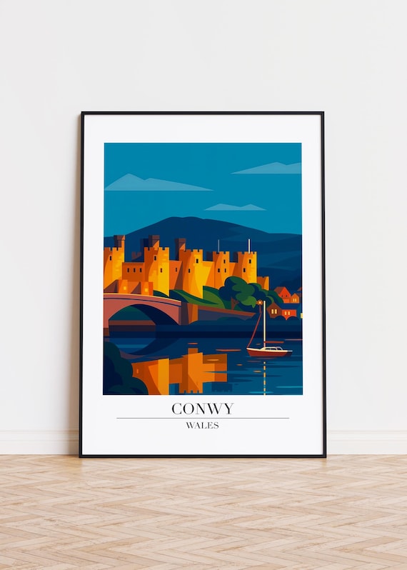 Conwy Wales Castle At Dusk Sailboat Modern Travel Art Poster