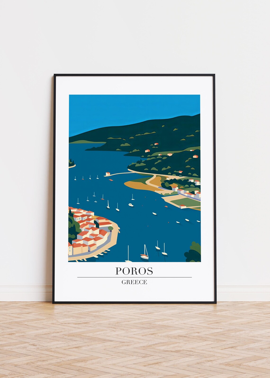 Poros Greece Harbor Sailboats Deep Blue Bay Retro Travel Poster