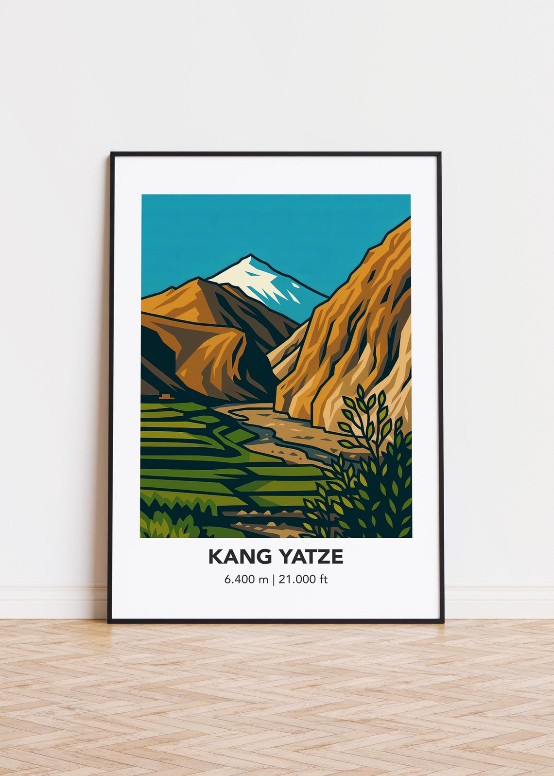 Kang Yatze Terraced Valley Snowy Peak Green Travel Illustration Poster