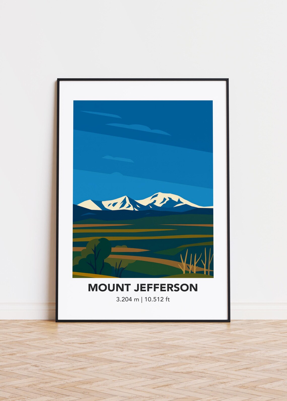 Mount Jefferson Mountain Illustration Poster Snow Peaks Green Valley Art