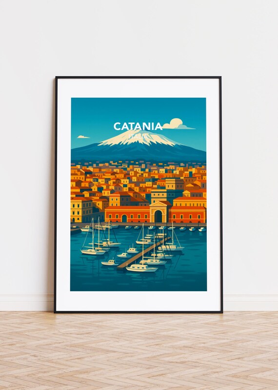 Catania Italy Mount Etna Harbor Sunset City Retro Travel Art Poster