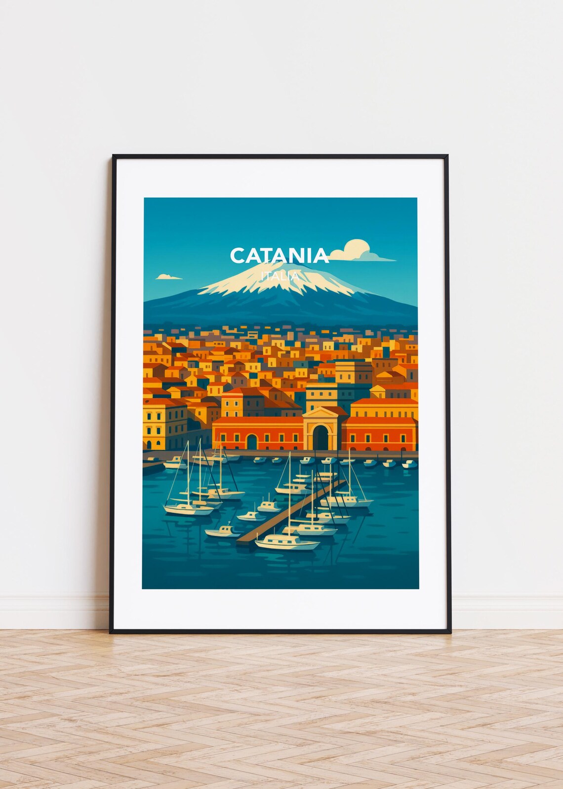 Catania Italy Mount Etna Harbor Sunset City Retro Travel Art Poster
