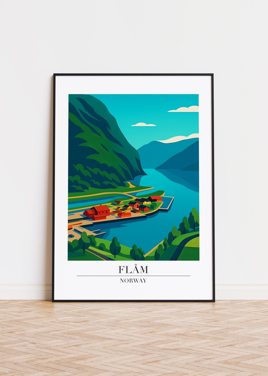 Flam Norway Scenic Fjord Harbor Village Green Valley Travel Poster