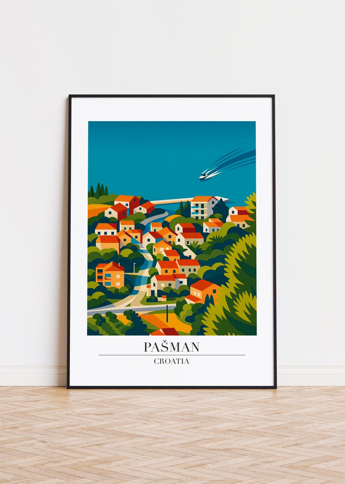 Pasman Croatia Coastal Village Hills Retro Travel Illustration Poster