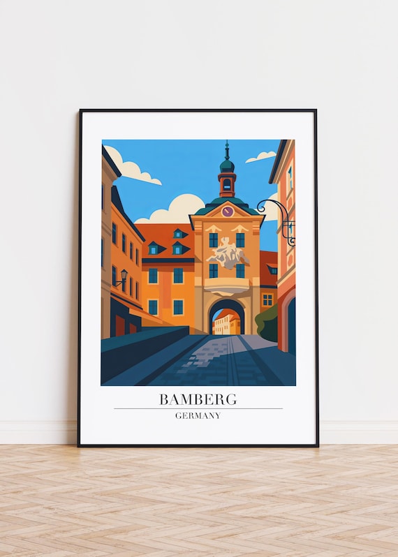 Bamberg Germany Old Town Gate Poster Clock Tower Cobblestone Travel Art