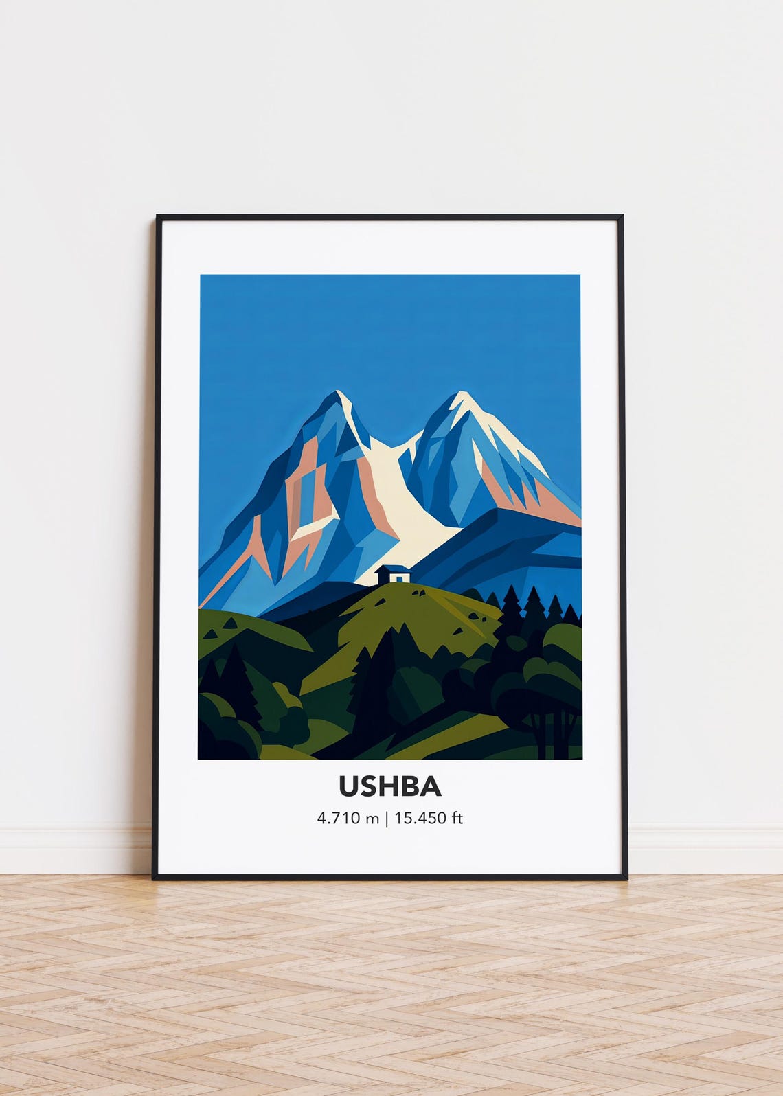 Ushba Twin Peaks Cabin Green Hill Pine Forest Mountain Poster