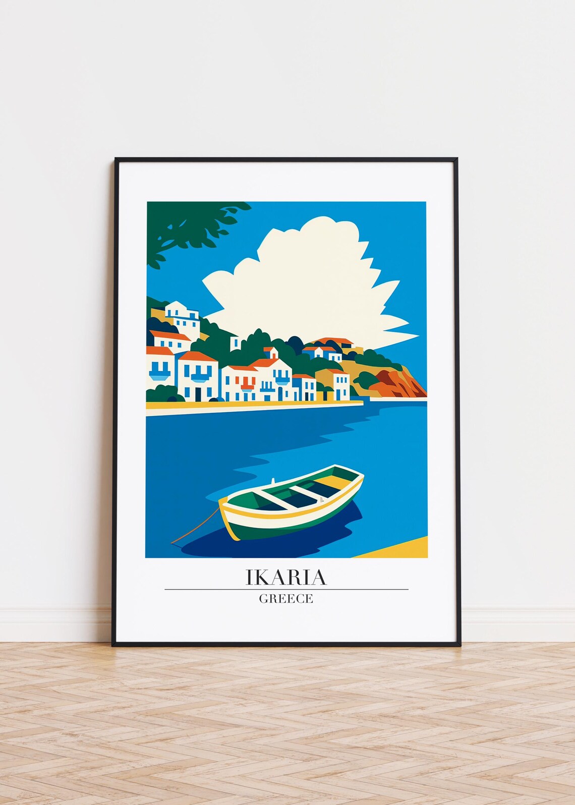 Ikaria Greece Fishing Village Boat Colorful Retro Travel Poster