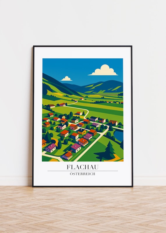Flachau Austria Green Valley Travel Poster Colorful Alpine Village Art