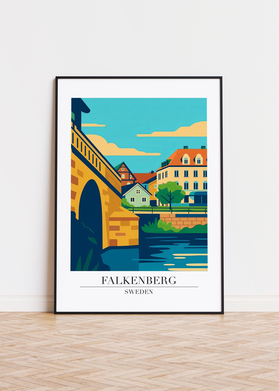 Falkenberg Sweden Old Stone Bridge Vintage Travel Poster River Illustration