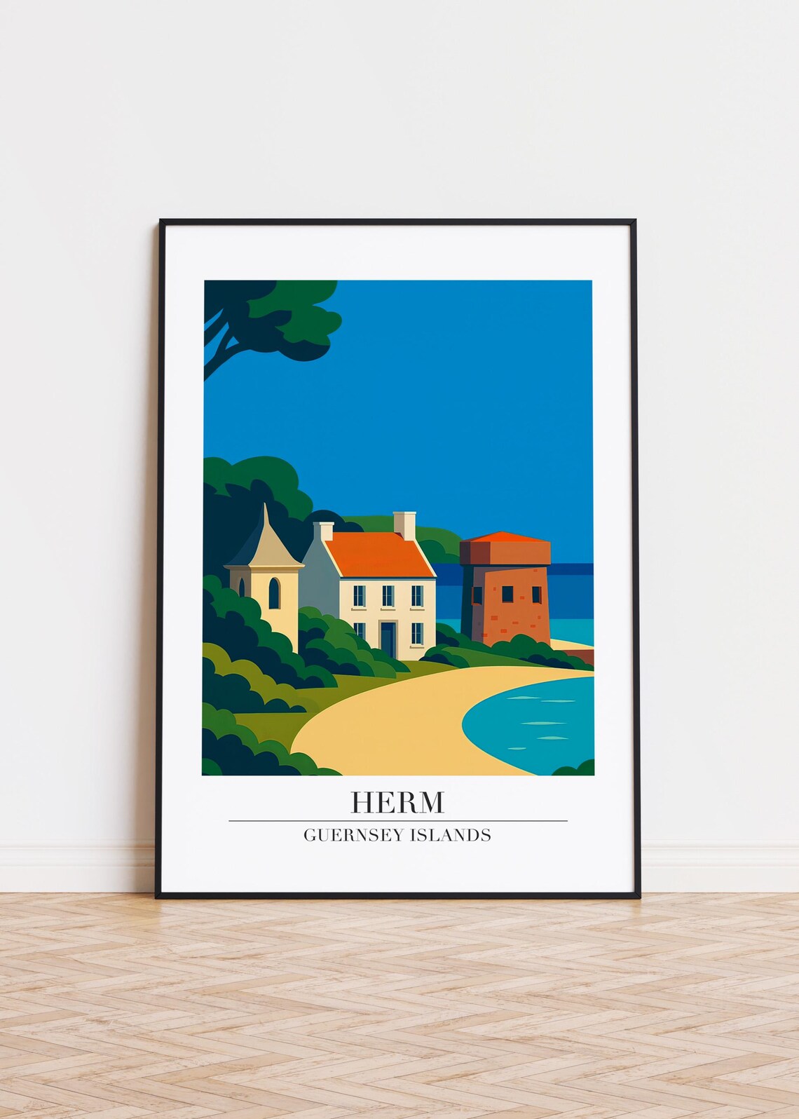 Herm Guernsey Islands Beach Village Retro Travel Poster Illustration