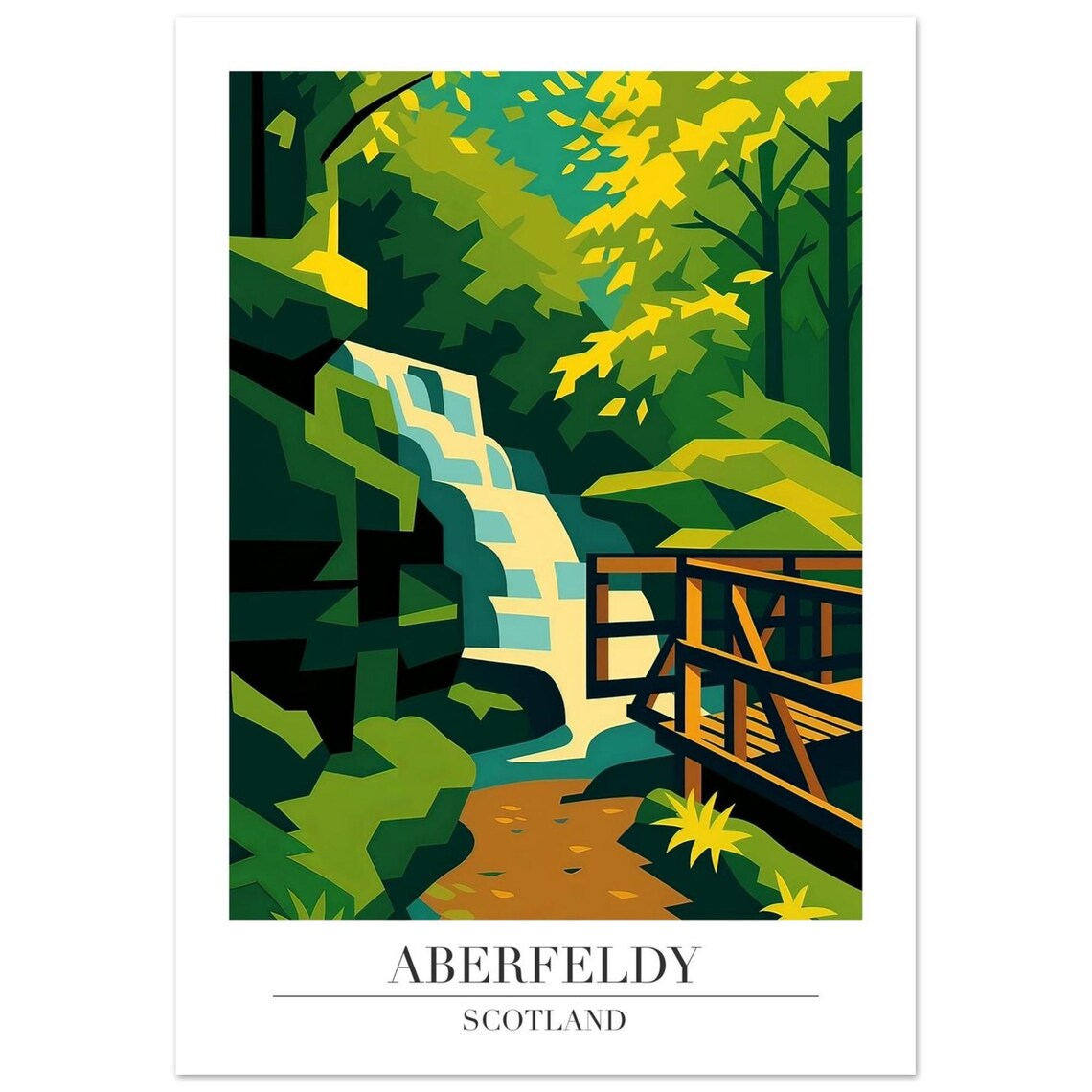 Aberfeldy Scotland Waterfall Woods Footbridge Travel Art Poster