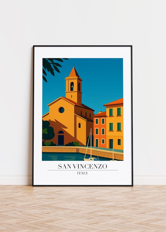 San Vincenzo Italy Church Harbor Waterfront Scene Travel Art Poster