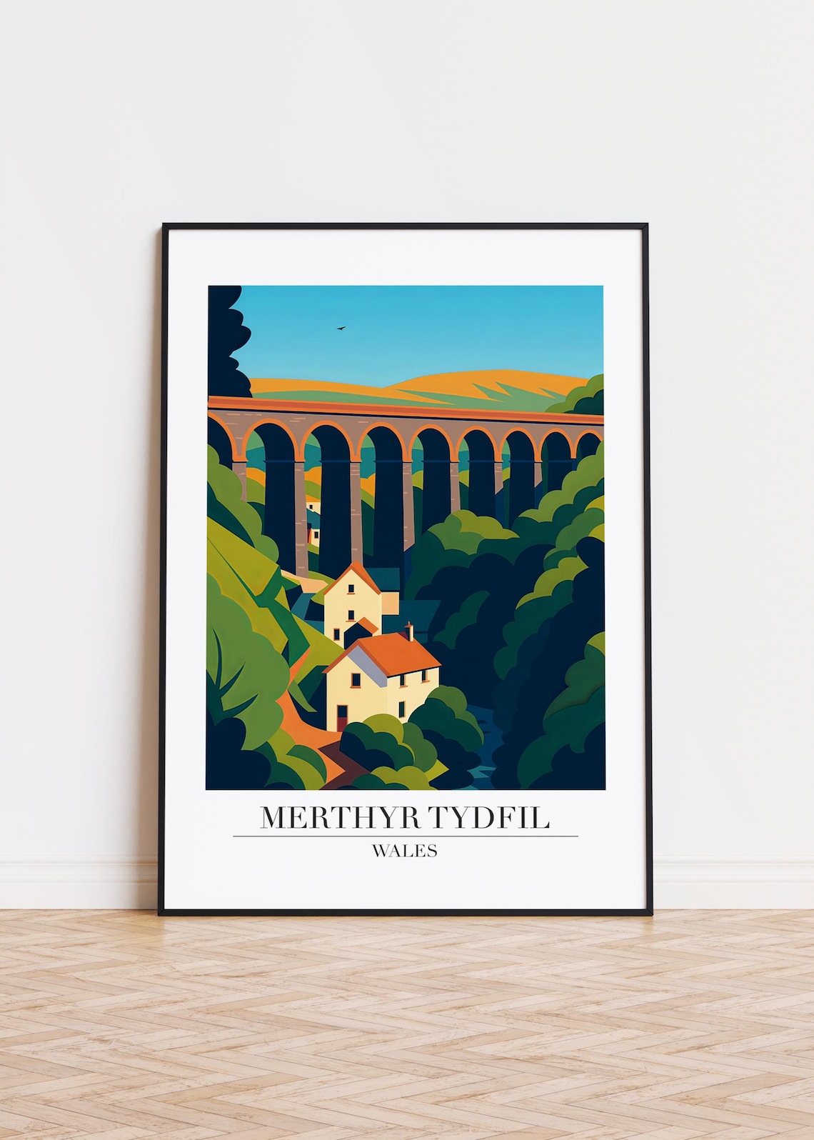 Merthyr Tydfil Wales Stone Viaduct Cottages Vintage Travel Poster