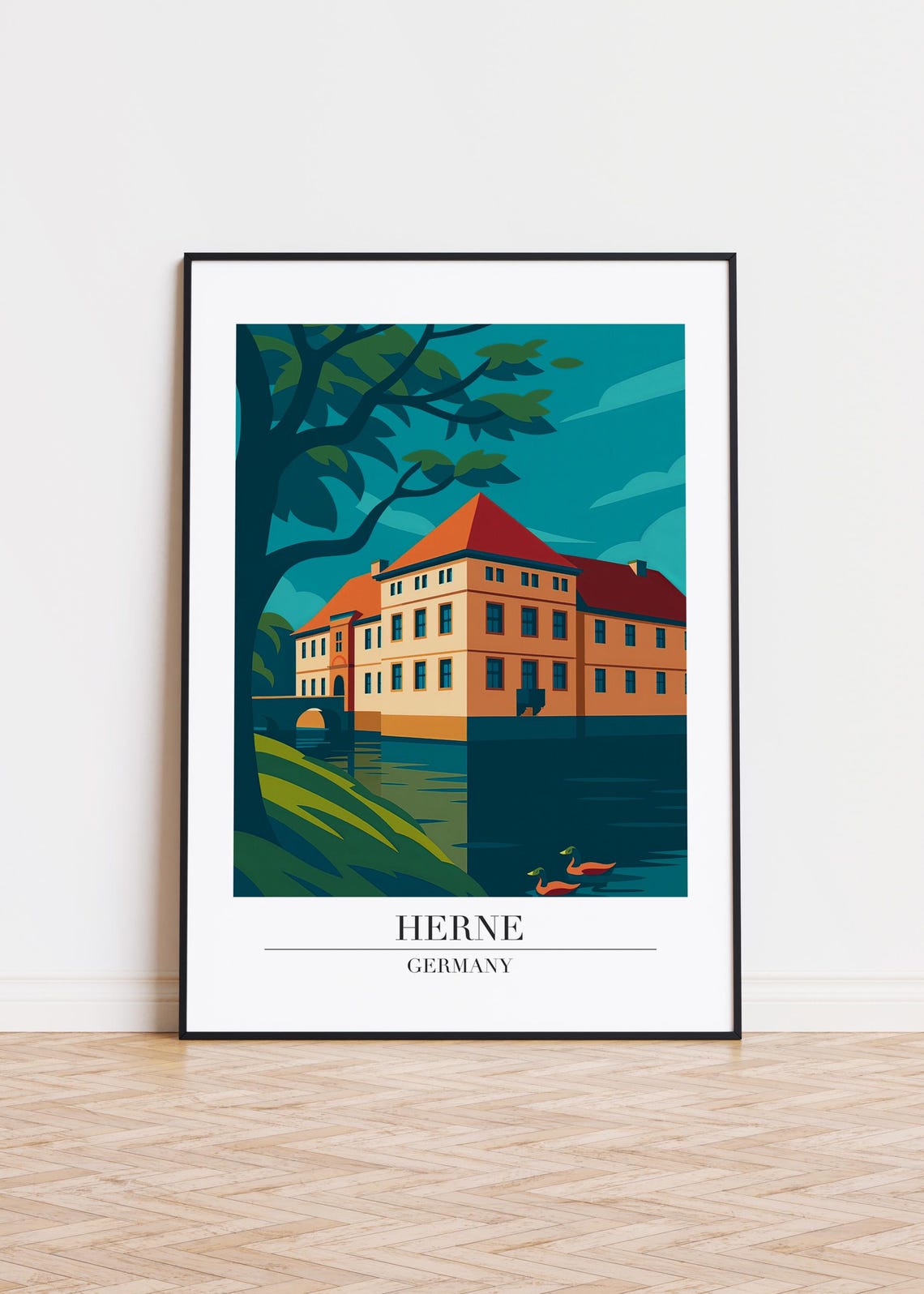 Herne Germany Historic Moated Castle Ducks Water Travel Poster